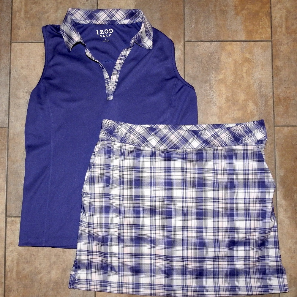IZOD golf/tennis purple plaid Outfit sleeveless polo tank & skirt size small 6
